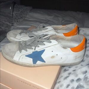 Golden Goose White and Blue Sneakers with Orange Accents